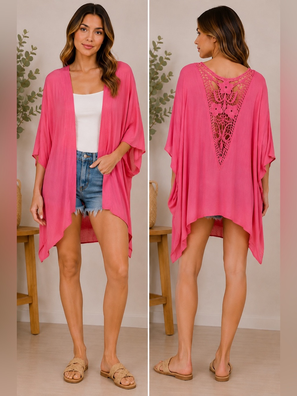 Vince Camuto Pink Crochet Lace Kimono Cover Up One Size NWT Boho Resort